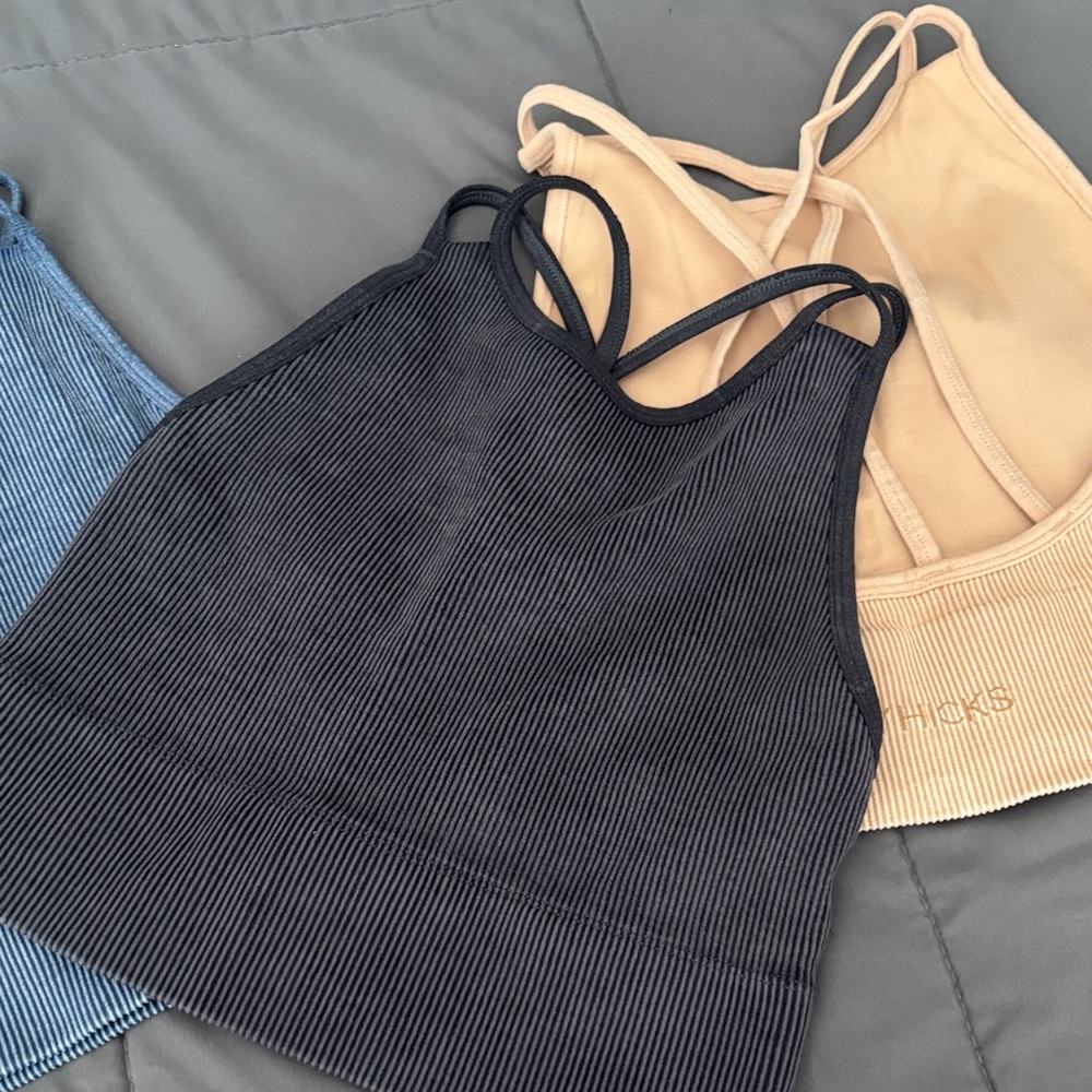GILLY HICKS Set of Three Strappy Sports Bras - Blue, Black, Beige - Picture 2 of 3